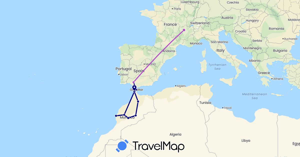TravelMap itinerary: driving, train in Spain, France, Morocco (Africa, Europe)